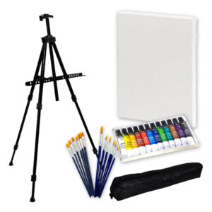 Kit Artístico Completo – 12 Pinturas Acrílicas, 12 Pinceles, Atril y Bastidor (ENVÍO GRATIS)