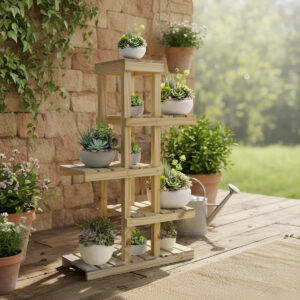 Portamacetas Rack de Madera con Estantes – Organizador Vertical de Plantas 120 cm [ENVÍO GRATIS]
